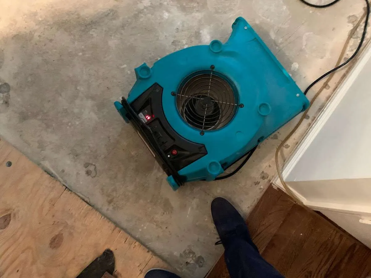 Air mover drying subfloor during Commercial Water Damage Restoration in Okmulgee
